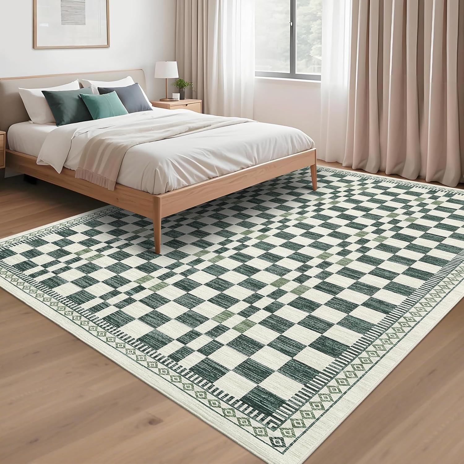 Dark Green and White Checkerboard Carpet