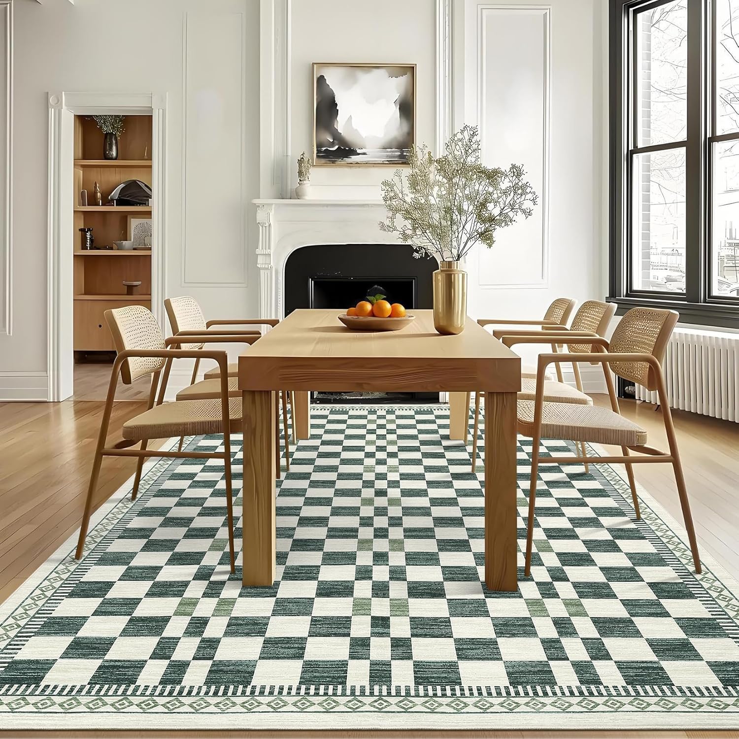 Dark Green and White Checkerboard Carpet